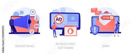 SMM business, annoying online notifications and internet newsletter protection icons set. Advertising, ad blocking software, spam metaphors. Vector isolated concept metaphor illustrations