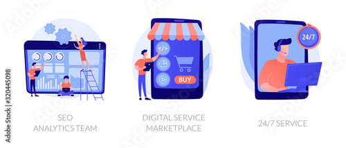 Business teamwork, internet commerce, customer support icons set. Seo analytics team, digital service marketplace, 24-7 service metaphors. Vector isolated concept metaphor illustrations