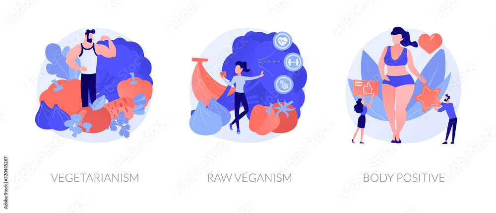 Healthy vegan lifestyle, natural and organic nutrition, self acceptance icons set. Vegetarianism, raw veganism, body positive metaphors. Vector isolated concept metaphor illustrations