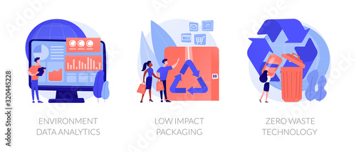 Ecology study and monitoring, sustainable packing, garbage recycling. Environment data analytics, low impact packaging, zero waste technology metaphors. Vector isolated concept metaphor illustrations