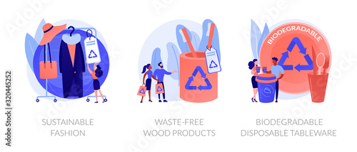 Ecological integrity, eco friendly innovations icons set. Sustainable fashion, waste-free wood products, biodegradable disposable tableware metaphors. Vector isolated concept metaphor illustrations