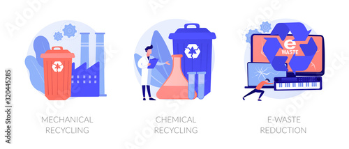Waste management methods, pollution prevention, obsolete devices disposal. Mechanical recycling, chemical recycling, e-waste reduction metaphors. Vector isolated concept metaphor illustrations