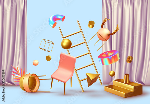 Abstract background with realistic geometric objects 3d shape. Designed by Trendy minimal poster. vector illustration
