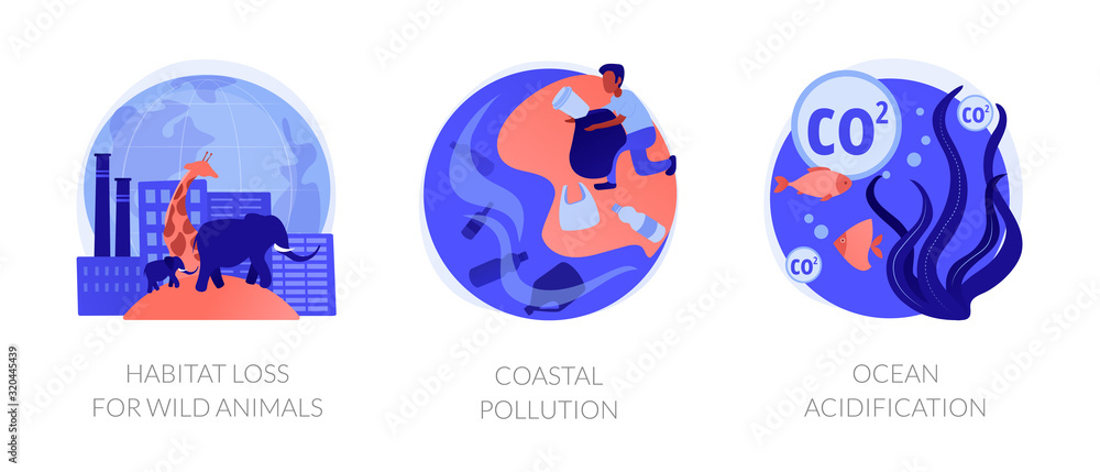 Biodiversity reducing, urbanization problem. Biological impact. Habitat loss for wild animals, coastal pollution, ocean acidification metaphors. Vector isolated concept metaphor illustrations Biodiversity reducing, urbanization problem. Biological impact. Habitat loss for wild animals, coastal pollution, ocean acidification metaphors. Vector isolated concept metaphor illustrations
