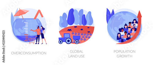 Eco problems. Bad land management idea. Human overpopulation, resource depletion. Overconsumption, global land use, population growth metaphors. Vector isolated concept metaphor illustrations