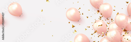 Festive background with helium balloons. Celebrate a birthday, Poster, banner happy anniversary. Realistic decorative design elements. Vector 3d object ballon, pink and rose color. flight up