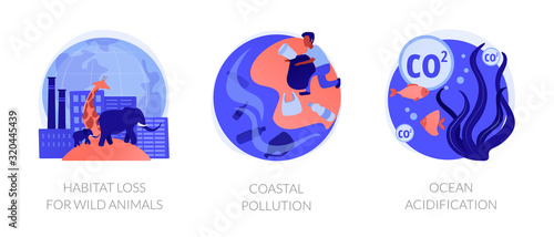 Biodiversity reducing, urbanization problem. Biological impact. Habitat loss for wild animals, coastal pollution, ocean acidification metaphors. Vector isolated concept metaphor illustrations