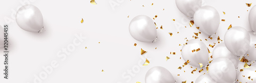 Festive background with helium balloons. Celebrate a birthday, Poster, banner happy anniversary. Realistic decorative design elements. Vector 3d object ballon, white color. flight up photo