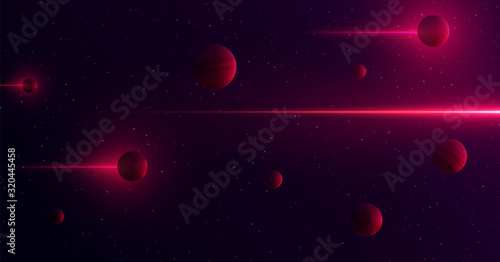 Planets 3d on background of stars and galaxy. Light abstract lines of gamma rays pass through space. fantastic themed pattern