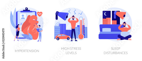 High blood pressure. Insomnia and somnipathy. Psychological problems, anxiety idea. Hypertension, high stress levels, sleep disturbances metaphors. Vector isolated concept metaphor illustrations
