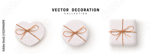 Gift Boxes Vector. Set Festive Realistic Objects. White Gift Box tied ribbon bow from string Twine Rope, Twisted Thread Cord. Holiday Presents Different shape