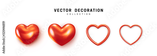Red colored Hearts realistic decoration 3d object. Set of Romantic Symbol of Love Heart isolated. Vector illustration
