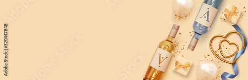 Romantic banner. Festive background with realistic design objects, gift box, balloons, bottle of alcoholic wine, 3d heart shape. Flat top view. Horizontal header for website. Vector illustration
