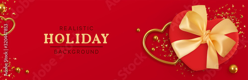 Holiday Romantic Banner  headers for website. Design Realistic decoration objects gift box  gold confetti  metal heart  ball bead. Template Flyer  brochure. Christmas composition flat lay  top view