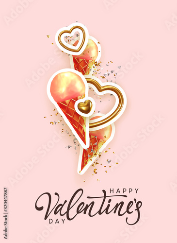 Happy Valentine's Day festive background. Holiday gift card, poster. Realistic 3d design objects, pink horn ice cream, golden hollow metal hearts, strewn with silver and gold glitter confetti