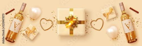 Romantic banner. Festive background with realistic design objects, gift box, balloons, bottle of alcoholic wine, 3d heart shape. Flat top view. Horizontal header for website. Vector illustration