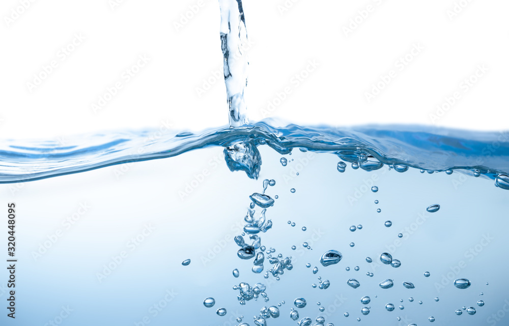 Water splash. Aqua flowing in waves and creating bubbles. Drops on the water surface feel fresh and clean. isolated on white background. Water splash. Aqua flowing in waves and creating bubbles. Drops on the water surface feel fresh and clean. isolated on white background.