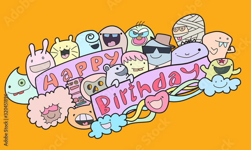 Many monsters, various colors, doodle Come to bless on the birthday Colorful, fun. It is an illustration, greeting card. And various things.