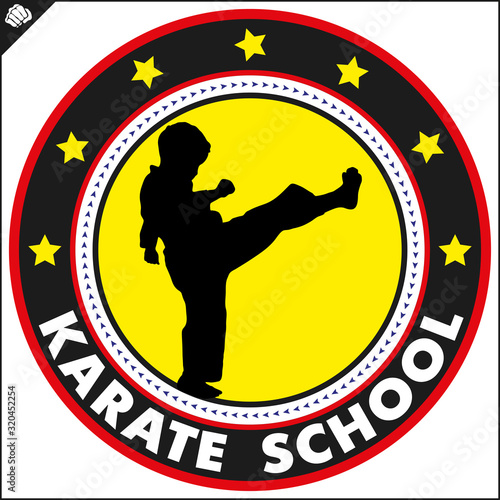 Karate high kick emblem. Martial art colored simbol design. Vector, EPS.