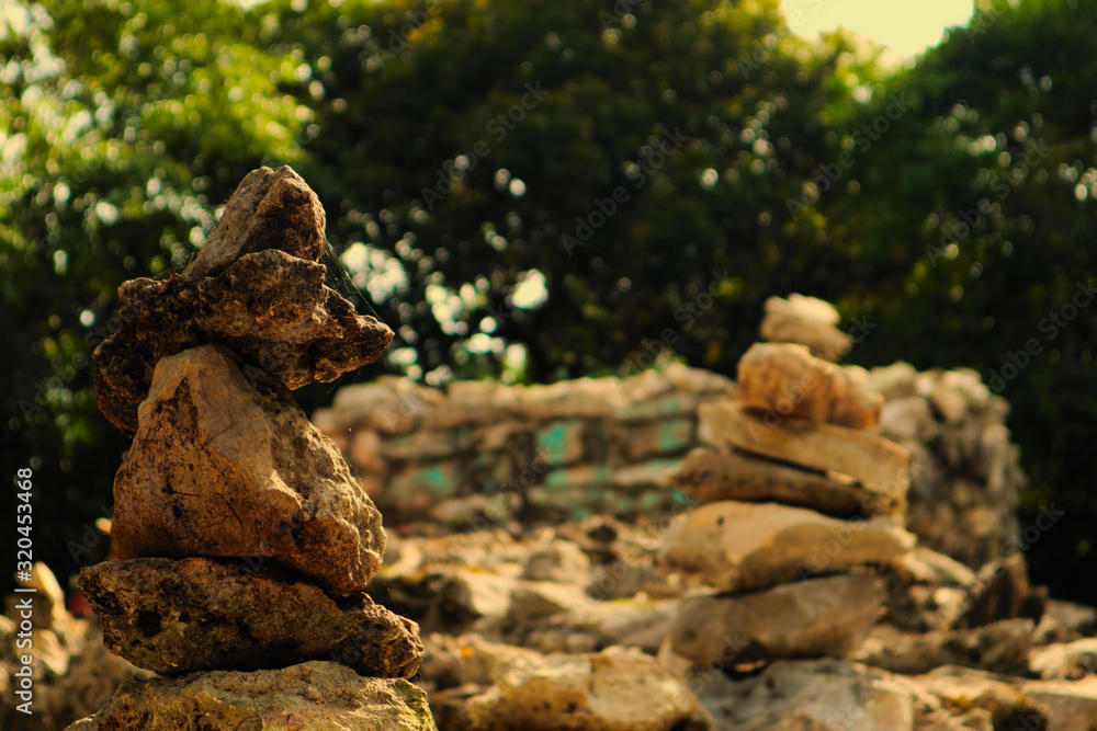 Stacked stones on the outer walls of an ancient Mayan ruin