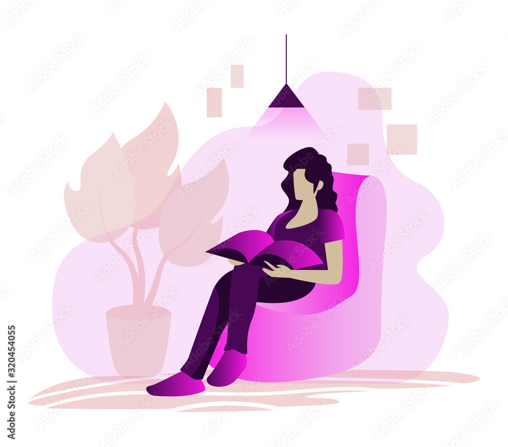 Woman reading a book concept. The woman sitting on the bean chair. Isolated vector illustration Woman reading a book concept. The woman sitting on the bean chair. Isolated vector illustration