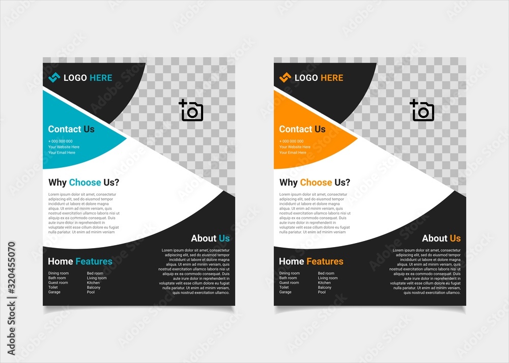 Business flyer estate template vector design, US letter brochure template blue and amber geometry shapes used for poster property leaflets, magazine property, and brochure cover property