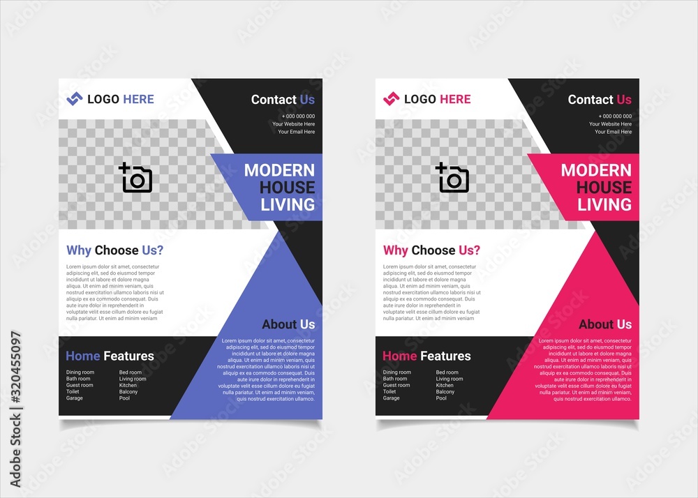 Business flyer estate template vector design, US letter brochure template blue and pink geometry shapes used for poster property leaflets, magazine property, and brochure cover property