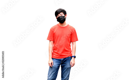 A young man wearing a black mask on the face for protection against dust and viruses from the air in pm2.5 with colors White background © pcbang