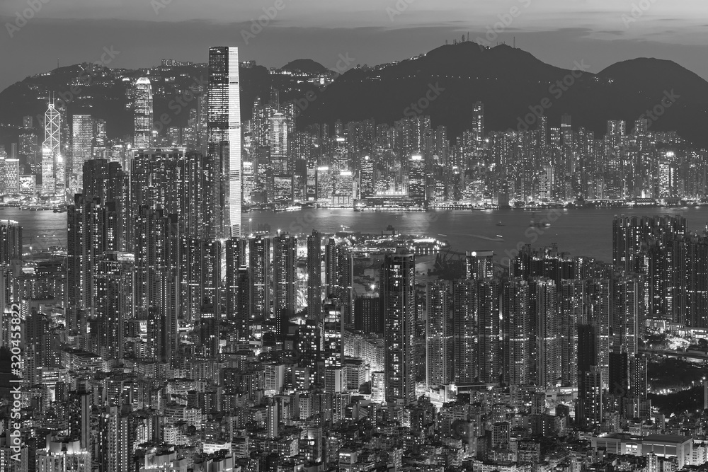 Aerial view of Hong Kong city at dusk