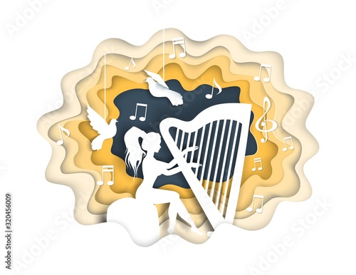 Girl playing harp, vector illustration in paper art style