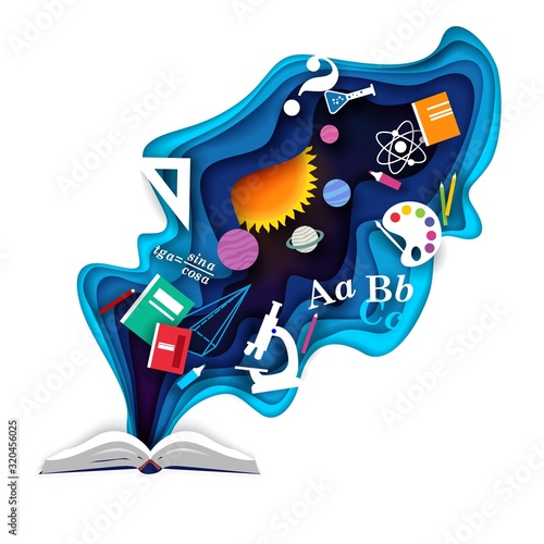Open book with school supplies, vector paper cut illustration