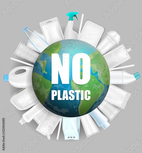 Globe with No plastic slogan, vector illustration