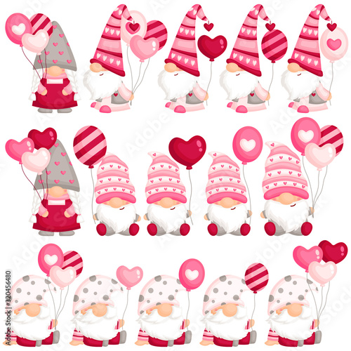 A Vector Set of Cute Valentine Gnome Holding Balloons for Sweet Celebration