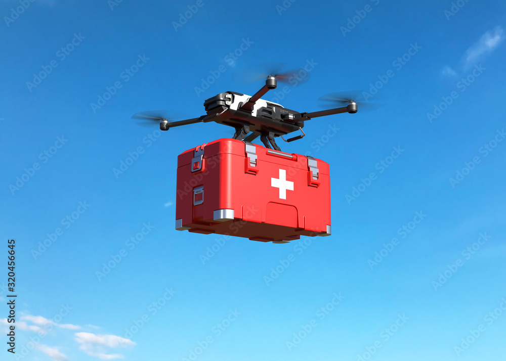 Drone with first aid kit on blue sky, Emergency medical care concept  Illustration Stock | Adobe Stock