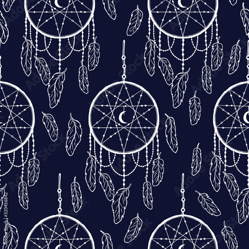 Seamless pattern dream catcher.Vintage bohemian drawing style.