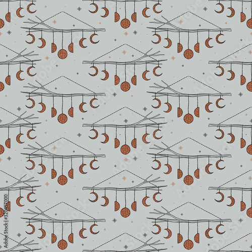 Seamless pattern dream catcher.Vintage bohemian drawing style.