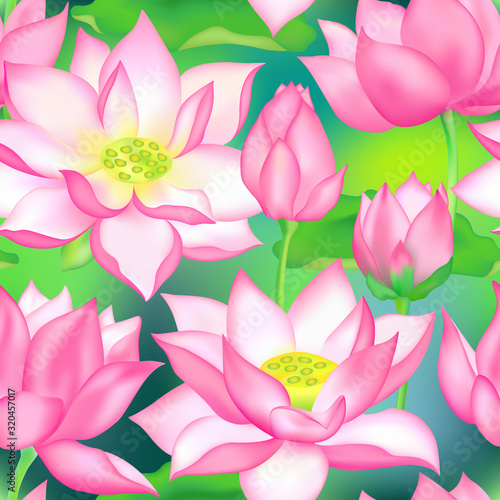 Lotus buds and flowers seamless vector pattern., Water lilly nelumbo aquatic plant illustration.