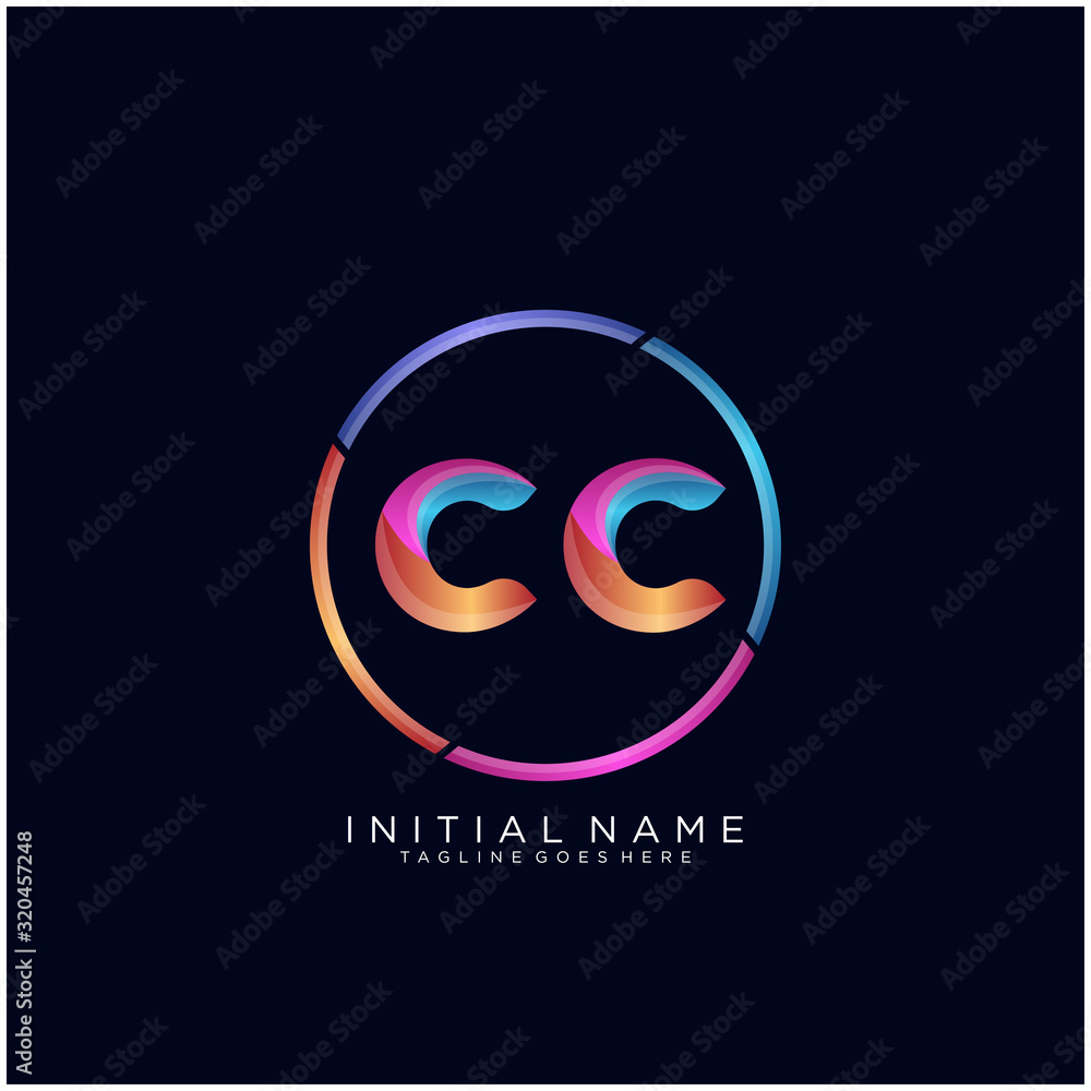 Obraz premium Initial letter CC curve rounded logo, gradient vibrant colorful glossy colors on black background