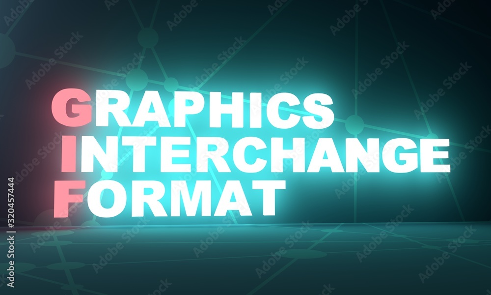 Acronym GIF - Graphics Interchange Format. Technology conceptual image. 3D rendering. Neon bulb illumination