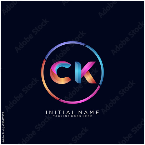 Initial letter CK curve rounded logo, gradient vibrant colorful glossy colors on black background