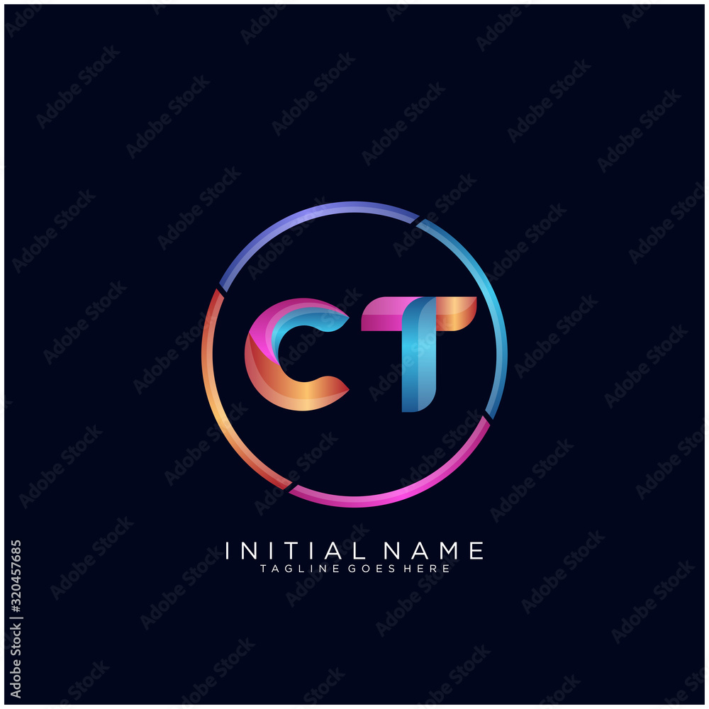 Initial letter CT curve rounded logo, gradient vibrant colorful glossy colors on black background Initial letter CT curve rounded logo, gradient vibrant colorful glossy colors on black background
