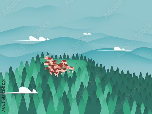 Landscape of small village on the top of mountain