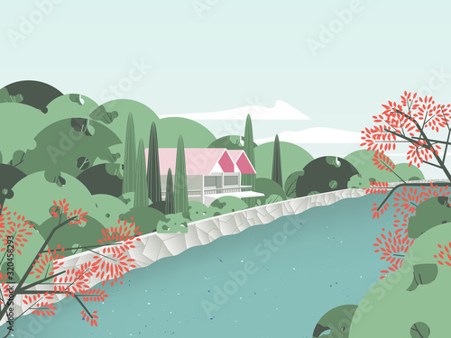 Landscape of villa in the forest beside the river