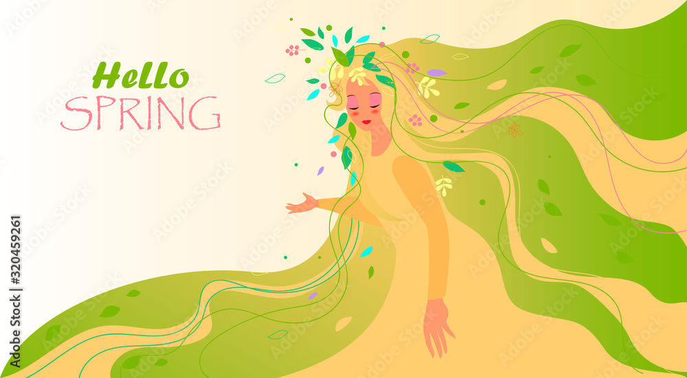 Hello spring. vector image of a woman in a dress with spring leaves