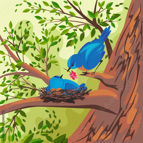 the bird is blue. vector image of a bird on a nest. landscape of nature. nest on a tree branch