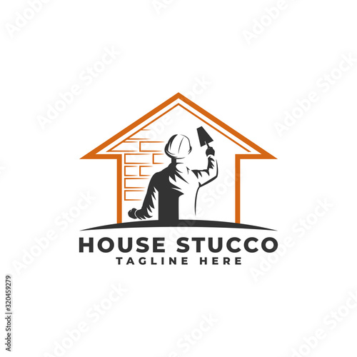 Plastering Cement House with People Holding Pock Logo Vector Icon Illustration