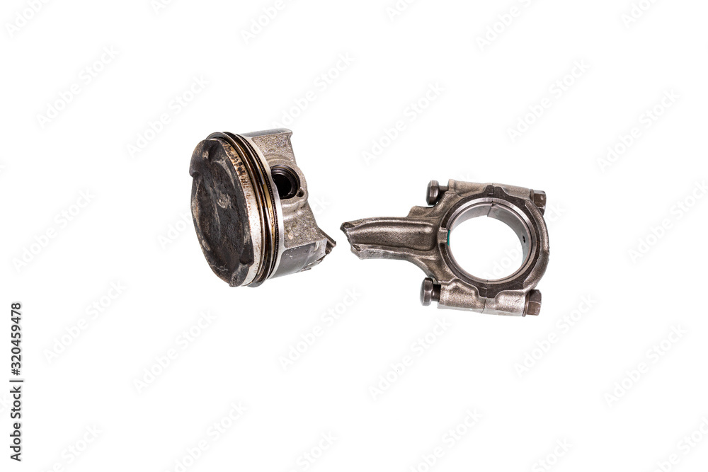 Piston and connecting rod damage isolated on white background with clipping path Piston and connecting rod damage isolated on white background with clipping path