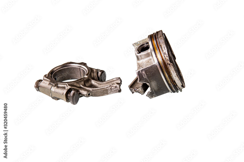 Piston and connecting rod damage isolated on white background with clipping path Piston and connecting rod damage isolated on white background with clipping path