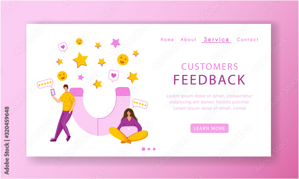 Client feedback concept landing page template, miniature tiny people and giant magnet, web banner with place for text, customers review and feedback, service evaluation. flat people caracters, Vector Client feedback concept landing page template, miniature tiny people and giant magnet, web banner with place for text, customers review and feedback, service evaluation. flat people caracters, Vector