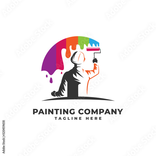 Painting with Rainbow Color Logo Vector Icon Illustration, People Holding Paint Roller Colorful